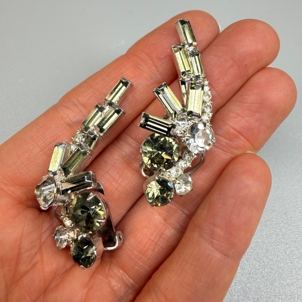 Vintage Rhinestone Ear Climber Earrings Silver Tone Smokey Gray MCM